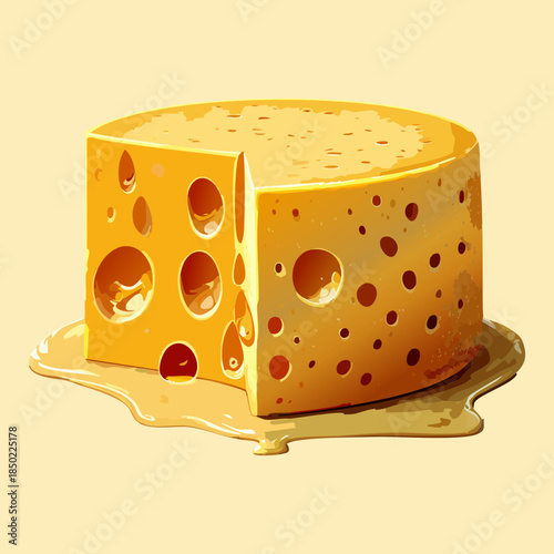 Large block of swiss cheese with holes and melted golden cheese sauce on a pastel background - Vector Illustration