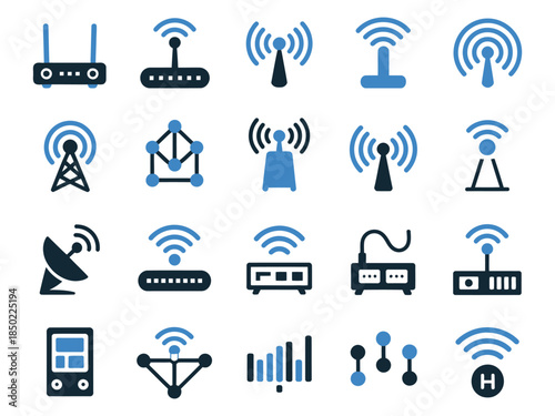 A collection of wireless technology icons including routers, antennas, and signal indicators in a minimalist design.