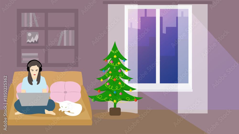 Fototapeta premium On New Year's Eve, a young woman is sitting in a room with a white cat and a laptop on the couch. A programmer, designer, student, and writer is working from home