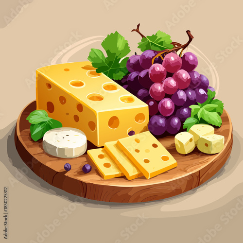 Assorted cheese slices with fresh grapes and herbs served on a round wooden cutting board for snacks - Vector Illustration