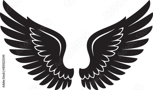 Stylized black angel wings spread wide against a stark white background showcasing detailed feather textures and curves symbolic representation also transparent background