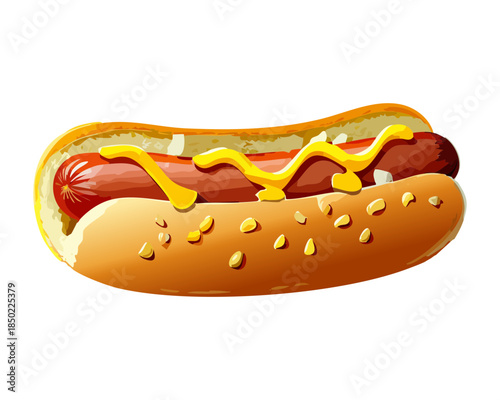 Delicious grilled hot dog with yellow mustard sauce on a sesame seed bun for fast food snack menu - Vector Illustration