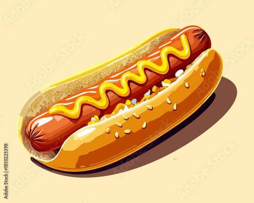 Tasty grilled hot dog with yellow mustard sauce and sesame seed bun for fast food snack - Vector Illustration