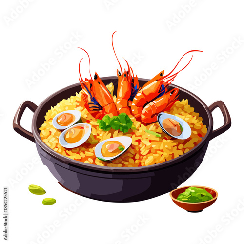 Gourmet seafood paella pan filled with fresh shrimps mussels and seasoned rice for mediterranean cuisine theme - Vector Illustration