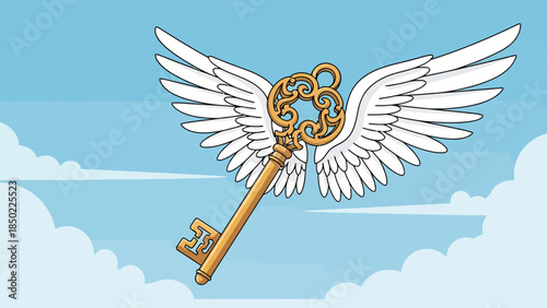 Golden key with white wings against a blue sky and clouds
