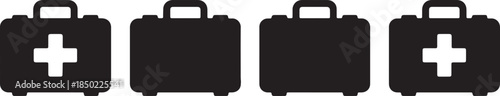 Four black medical first aid kits with white crosses and handles displayed in a row on a white background representing emergency medical supplies and preparedness also transparent background