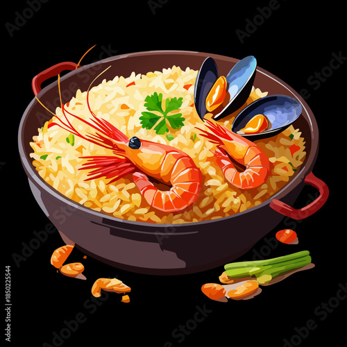 Savory seafood paella with large prawns and mussels cooked with aromatic saffron rice and vegetable mix - Vector Illustration