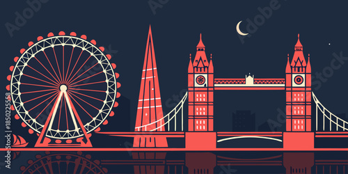London night skyline reflection flat design
