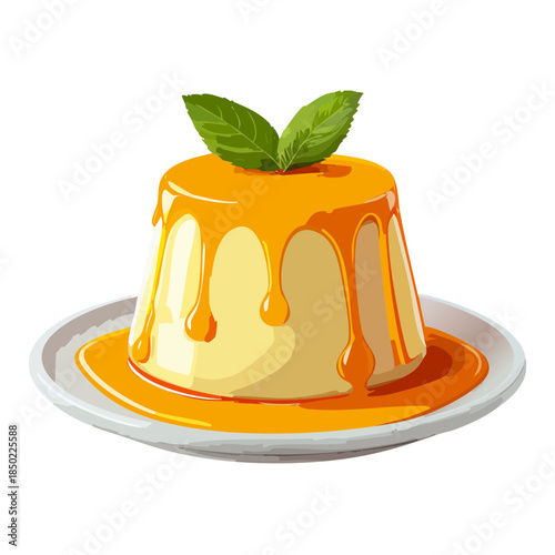 Homemade golden caramel pudding dessert served on a plate with fresh green mint leaves on top - Vector Illustration