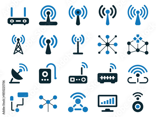 A collection of network and communication icons, showcasing various wireless technologies and signal representations.