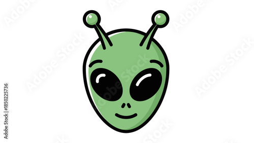 Green cartoon alien face with large black eyes and two antennae