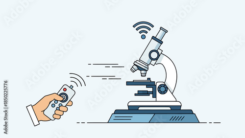 Hand holding remote control points to a wireless microscope