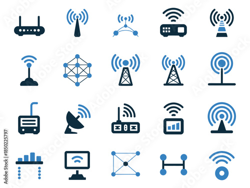 A collection of various wireless technology icons in blue and black, showcasing communication devices and signals.