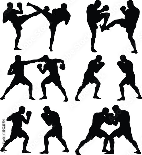 Kickboxing silhouettes, muay thai fighters vector set