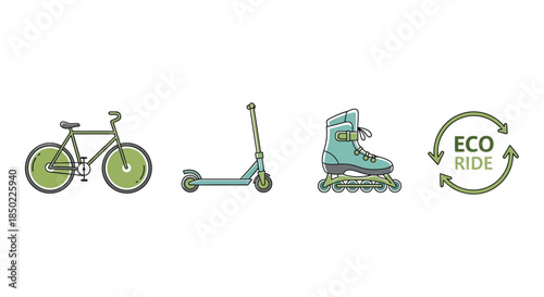 Collection of clean line art icons representing various personal mobility options for eco friendly transportation