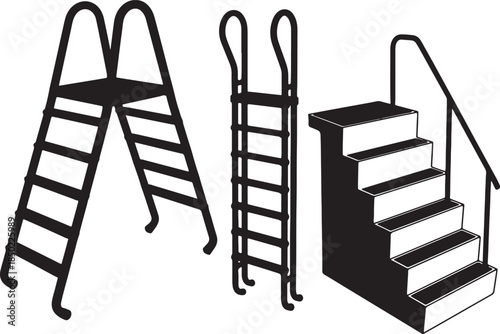 Set of black silhouette of ladders and stairs, representing access and elevation for various purposes also transparent background