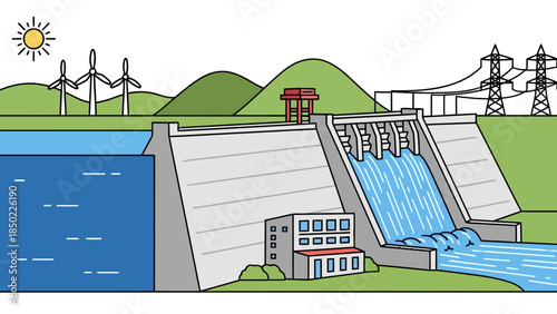Hydroelectric dam with wind turbines sun and power lines