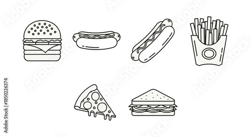 Set of six black outline icons representing popular fast food items like burgers hotdogs pizza and fries