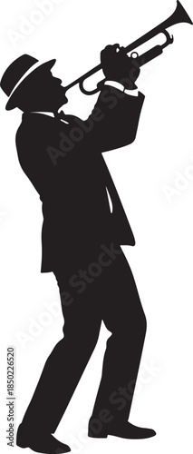 Silhouette of a jazz musician playing a trumpet in a suit and hat capturing the essence of live music performance and soulful improvisation also transparent background