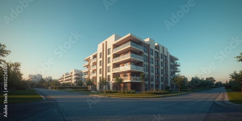 Contemporary flat complex surrounded by trees with bright sky, suitable for layout and design projects