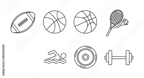 Collection of simple black outline icons representing various popular sports equipment and fitness activities
