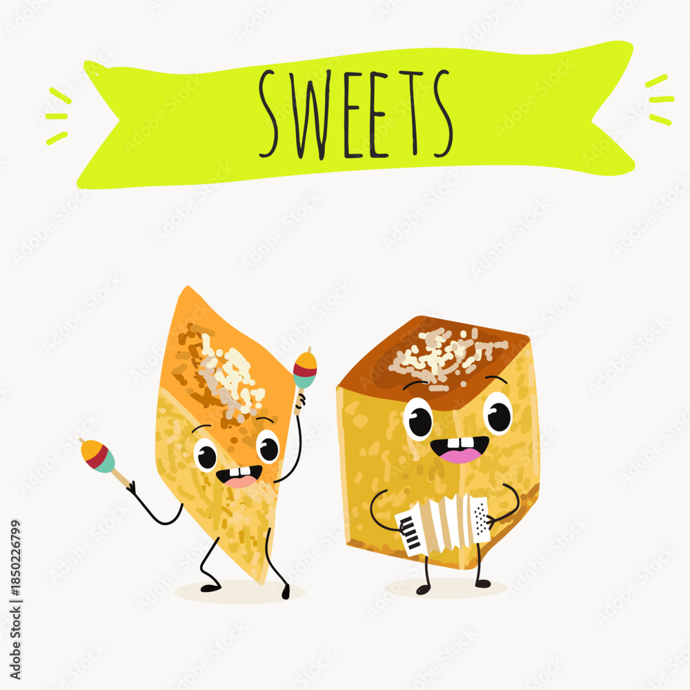 Fototapeta premium Funny Characters Ekmek kadaif. Turkish, Eastern sweets. Hand drawn vector illustration.