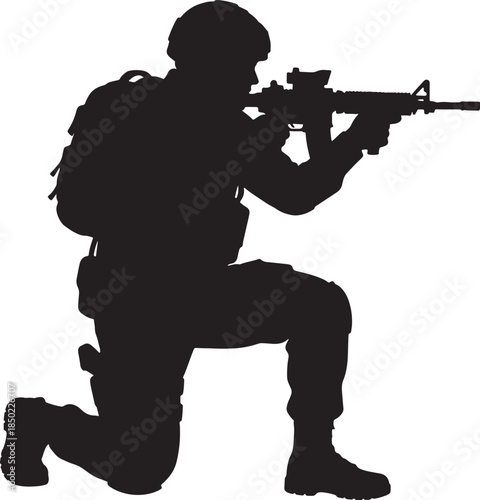 Silhouette of a soldier in tactical gear kneeling with a rifle aimed forward in a defensive posture military also transparent background