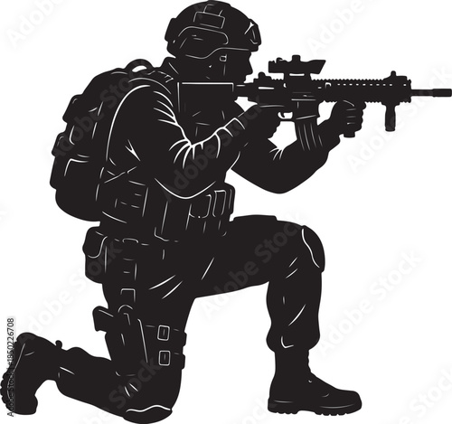 Silhouette of a soldier in tactical gear kneeling and aiming a rifle with a scope, ready for action military also transparent background