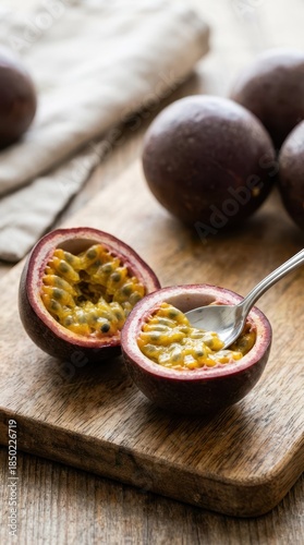 Wallpaper Mural Fresh Passion Fruit Halved on Wooden Board with Spoon and Fruits Torontodigital.ca