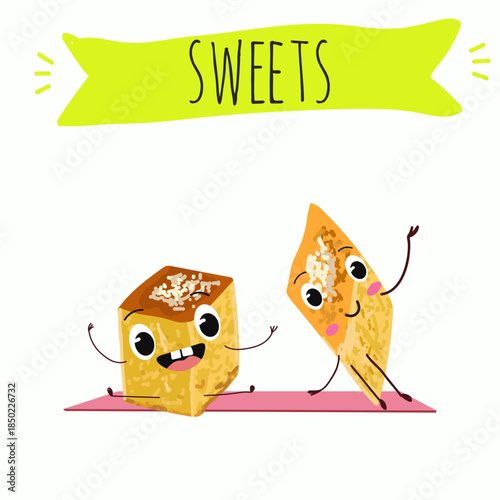 Funny Characters Ekmek kadaif. Turkish,  Eastern sweets. Hand drawn vector illustration.