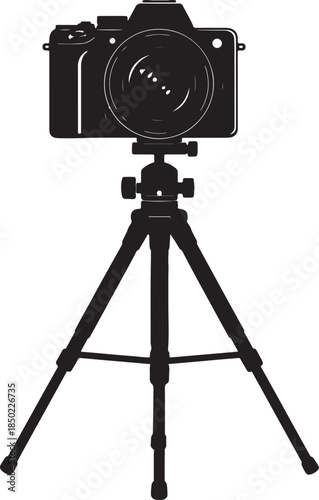 Silhouette of aDSLR camera mounted on a sturdy tripod, ready for capturing and in a studio or outdoor setting also transparent background