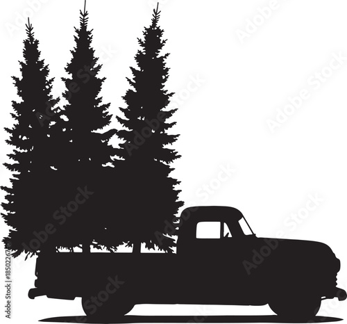 Silhouette of a vintage pickup truck loaded with tall pine trees against a white background evoking a rustic rural transport scene also transparent background