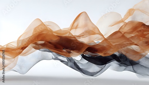 Minimalistic abstract representation of smoke in graceful grey and orange hues flowing elegantly across a white background