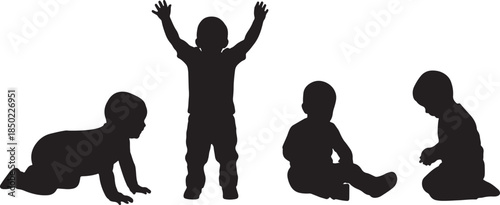 Silhouettes of four babies in different poses on a white background showcasing early childhood development and play also transparent background