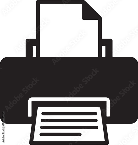 Simple black silhouette of a modern office printer with paper loaded in the tray and output slot office equipment also transparent background