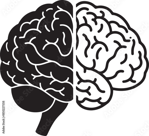 Stylized black and white silhouette of a human brain divided into two halves one solid black and the other detailed with intricate lines representing neural pathways and also transparent background