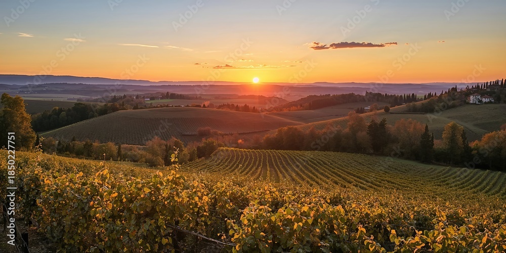 Obraz premium Tuscan sunset over Panzano's Chianti landscape with vineyards and olive groves during autumn, seasonal change