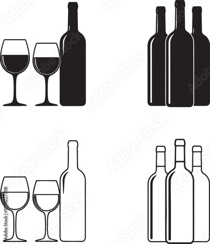 Pairs of wine bottles and glasses depicted in black silhouette and outline, representing alcoholic beverages for social occasions and fine dining experiences also transparent background