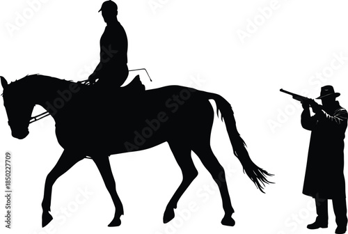 Equestrian Show Jumping Horse and Rider Silhouette,  Sports Competition Vector Illustration, Black and White Graphic for Adobe Stock, Athletic Performance and Horsemanship.
