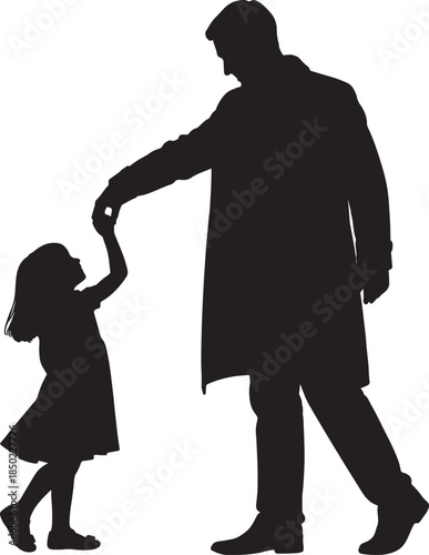 Silhouette of a father holding his young daughter's hand and dancing together in a joyful moment of connection and playfulness against a white background also transparent background