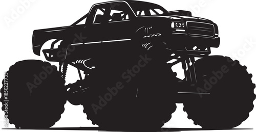Powerful monster truck silhouette with oversized tires and rugged suspension, conveying extreme off-road capability and adrenaline-fueled action also transparent background