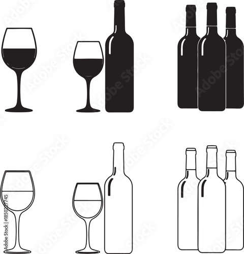 Assortment of wine bottles and glasses in black silhouette and outline styles, showcasing alcoholic beverages for tasting, celebration, and hospitality also transparent background