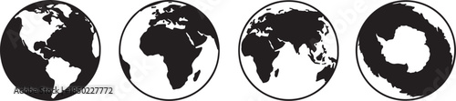 Four distinct earth globe silhouettes displaying different continental views and the Antarctic region for global and geographical representation also transparent background