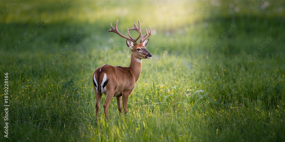 Fototapeta premium Roe deer buck in vibrant summer landscape, highlighting outdoor conservation, World Wildlife Day