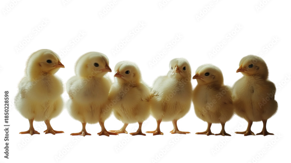 Naklejka premium Six little chicks standing together in a group on a white background isolated
