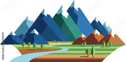 Beautiful low poly mountain landscape vector illustration with winding river and green valley
