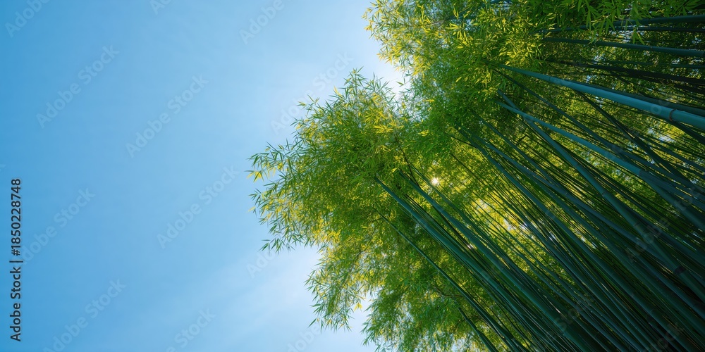 Fototapeta premium Bamboo forest with sky overhead, environmental conservation in springtime