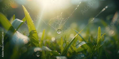 Closeup of a dew droplet resting on a spider web amid vibrant foliage, highlighting natural hydration, World Water Day