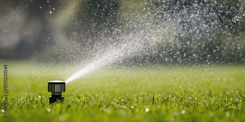 Fototapeta Naklejka Na Ścianę i Meble -  Sprinkler head watering public park grass, maintenance for urban green spaces