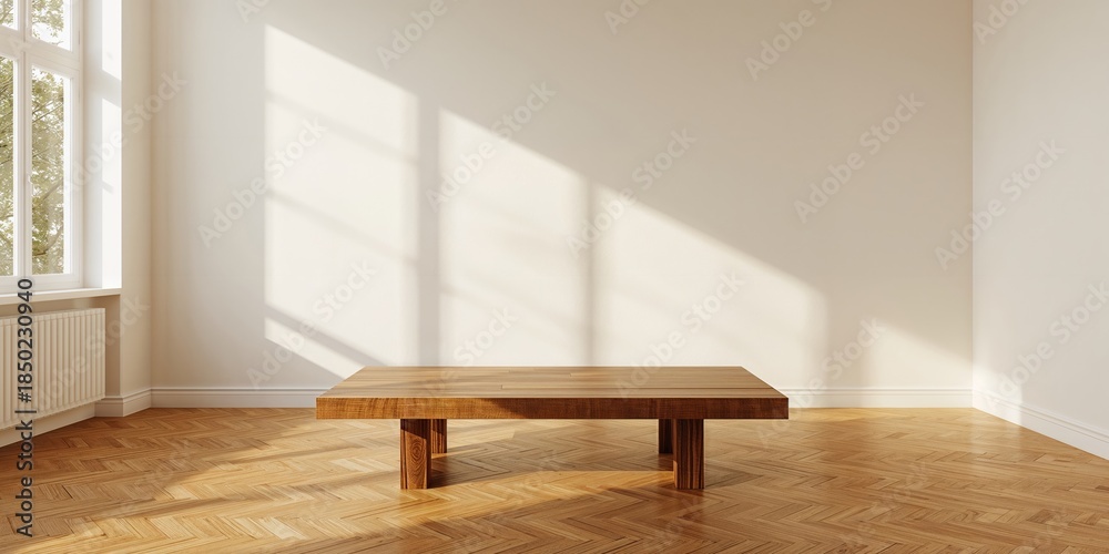 Fototapeta premium Empty wooden table and blank wall serving as a background for product placement, layout focus